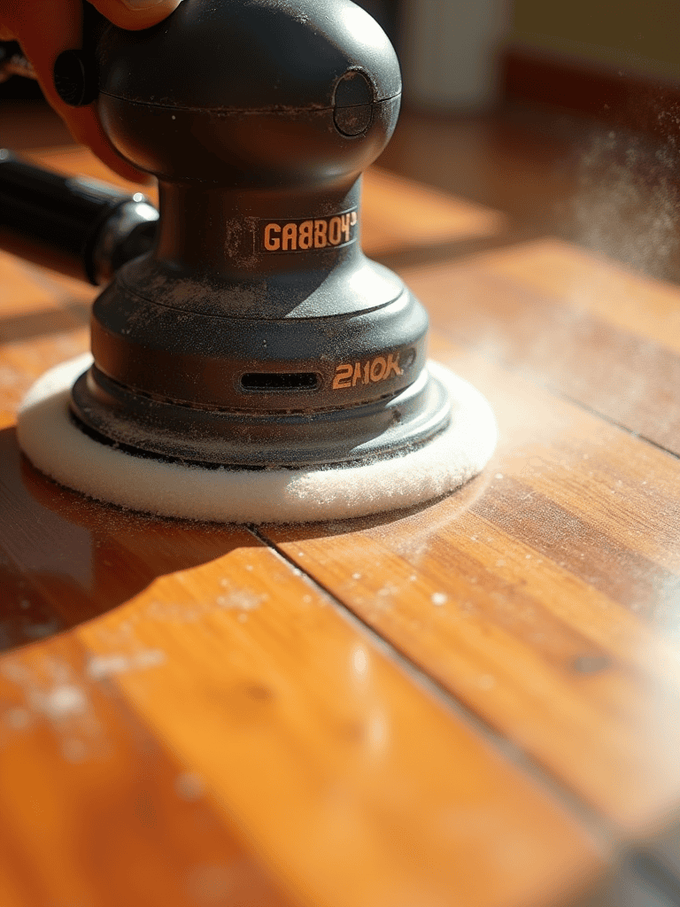 Electric sander smoothing hardwood