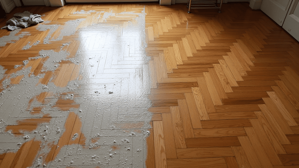 Chemical stripping of old parquet finishes